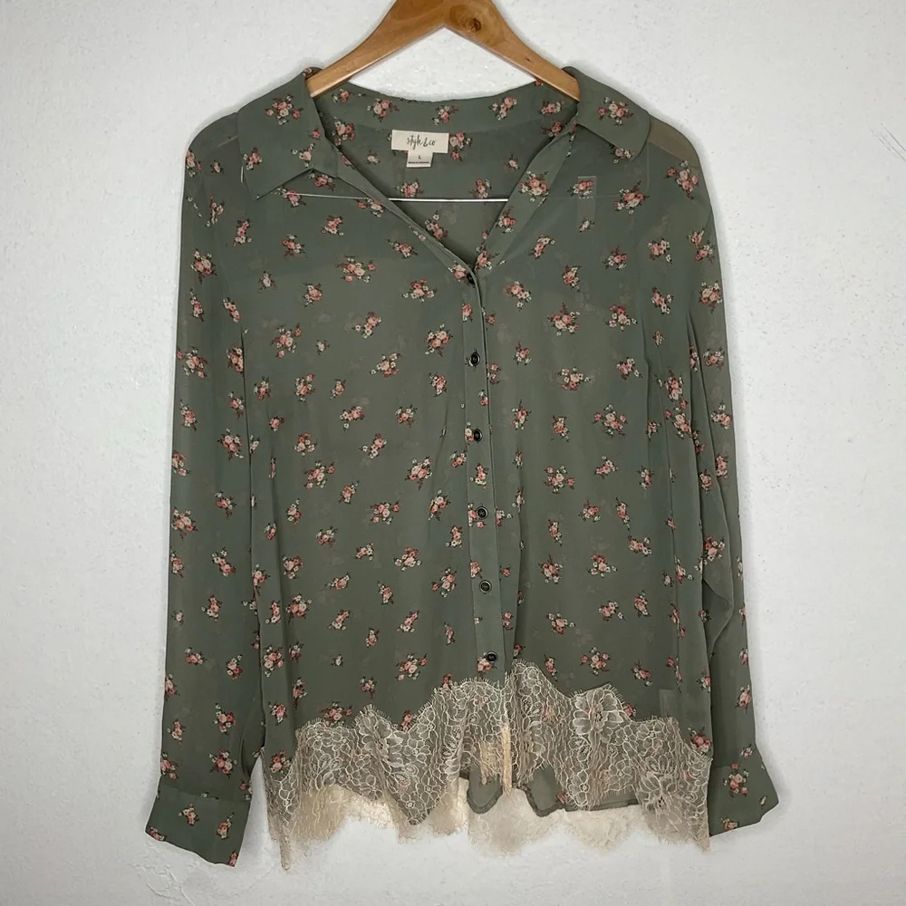 Sheer Cottagecore Floral Blouse with Lace Trim | Button-Down Long Sleeve Top | L - Picture 2 of 9
